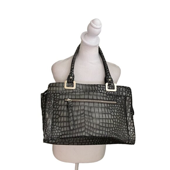 Guess Black Croc-Embossed Faux Leather Tote Bag Handbag With Inner Pockets & Log - Picture 2 of 6